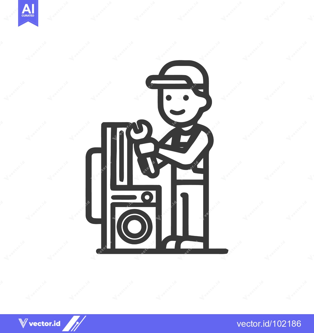 Premium Vector of Friendly Repairman with Wrench Fixing a Washing Machine, Clean Line Ar