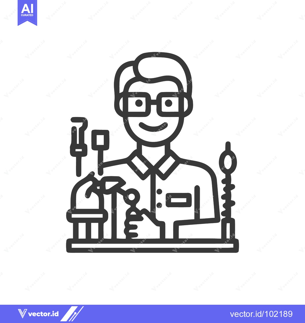 Premium Vector of Cheerful Scientist with Lab Equipment, Minimalist Line Art Icon
