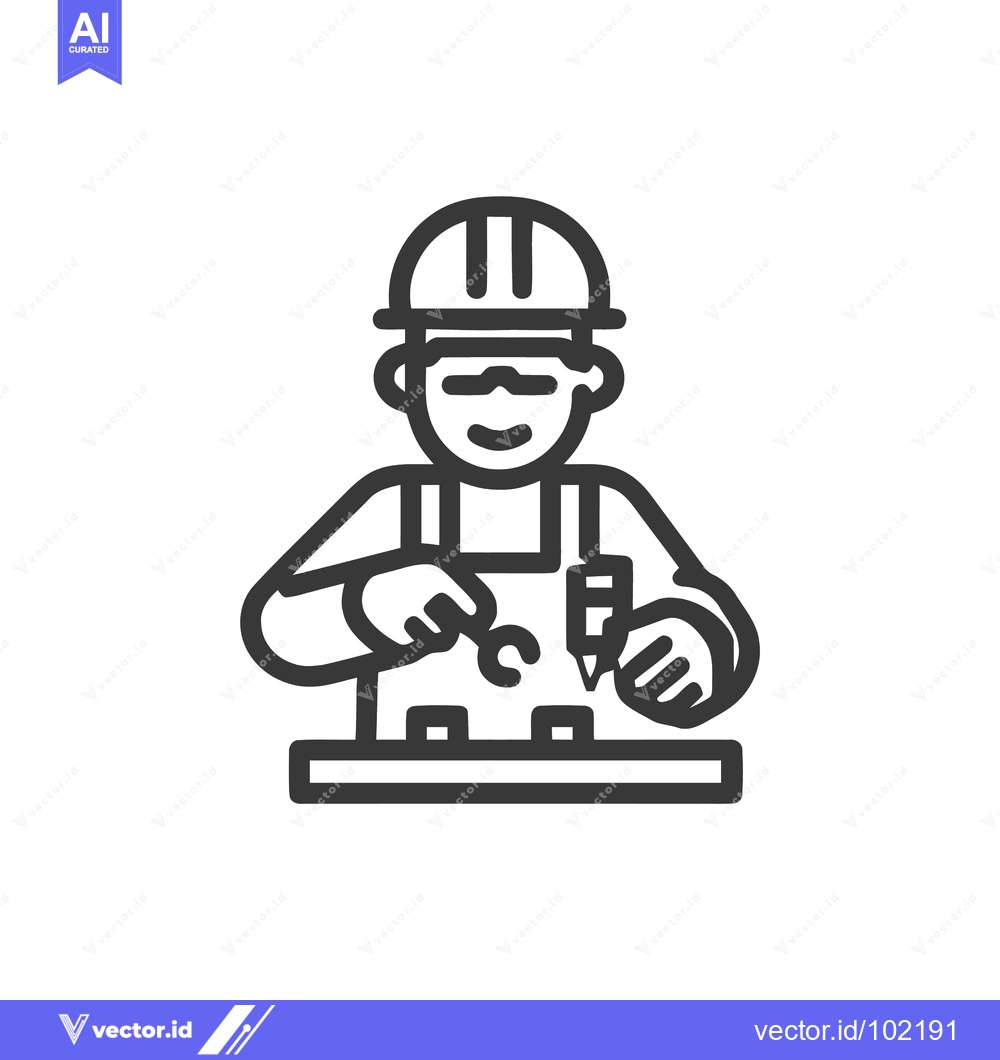 Premium Vector of Friendly Technician in Hard Hat with Wrench and Tool, Minimalist Line