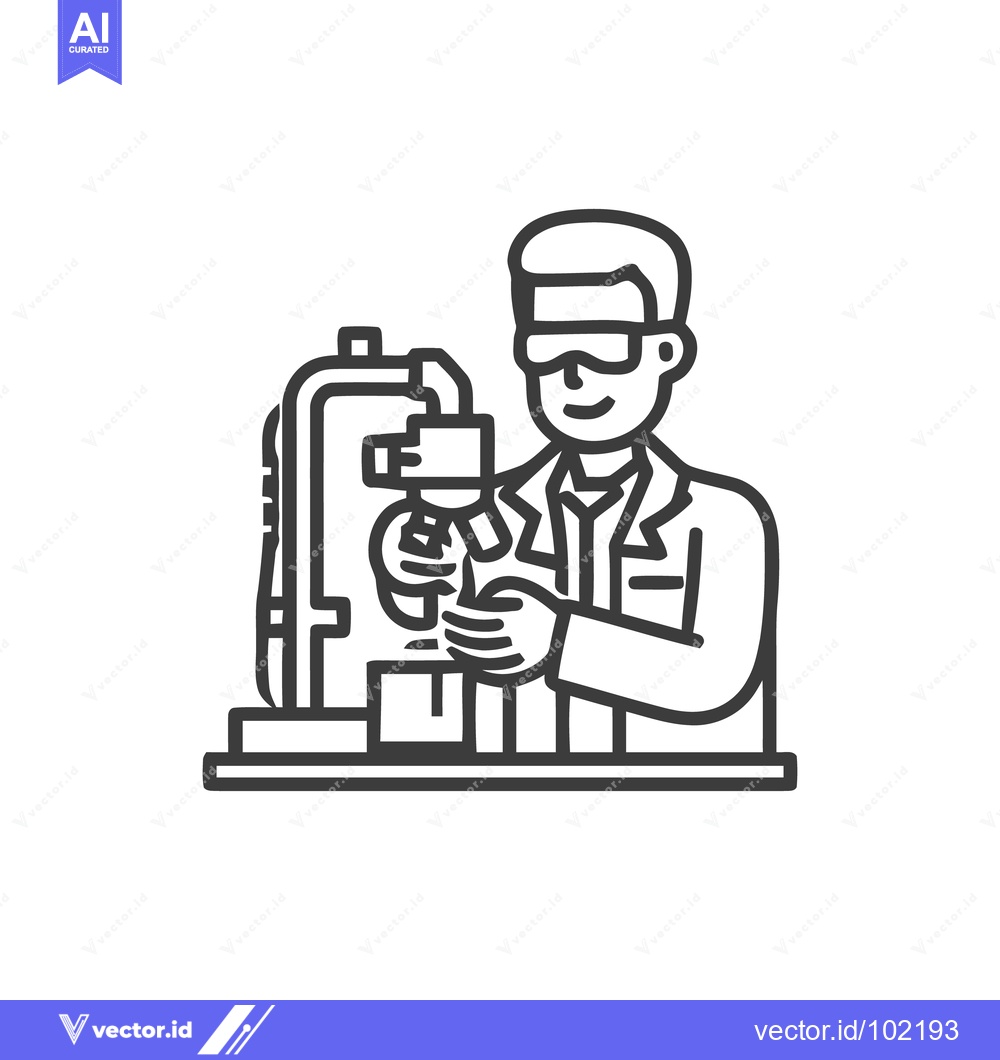 Premium Vector of Smiling Scientist with Goggles Operating a Microscope, Clean Line Art