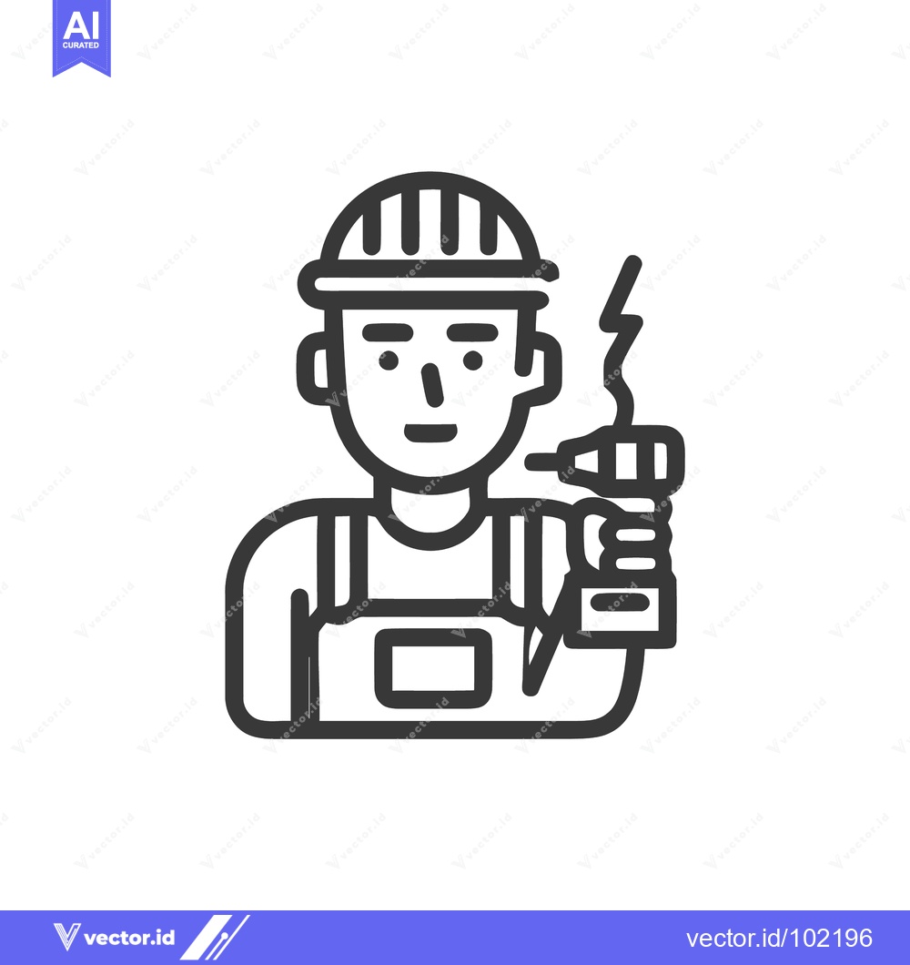 Premium Vector of Minimalist line art icon of a builder in a hard hat holding a smoking