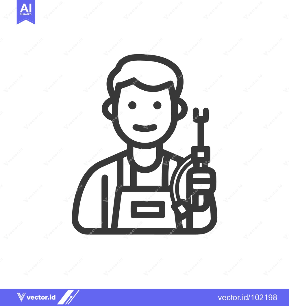Premium Vector of Friendly Repairman Character with Wrench and Apron, Minimalist Outline