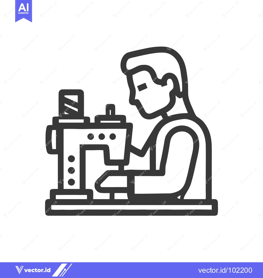 Premium Vector of Modern Line Art Icon of a Focused Tailor at a Sewing Machine