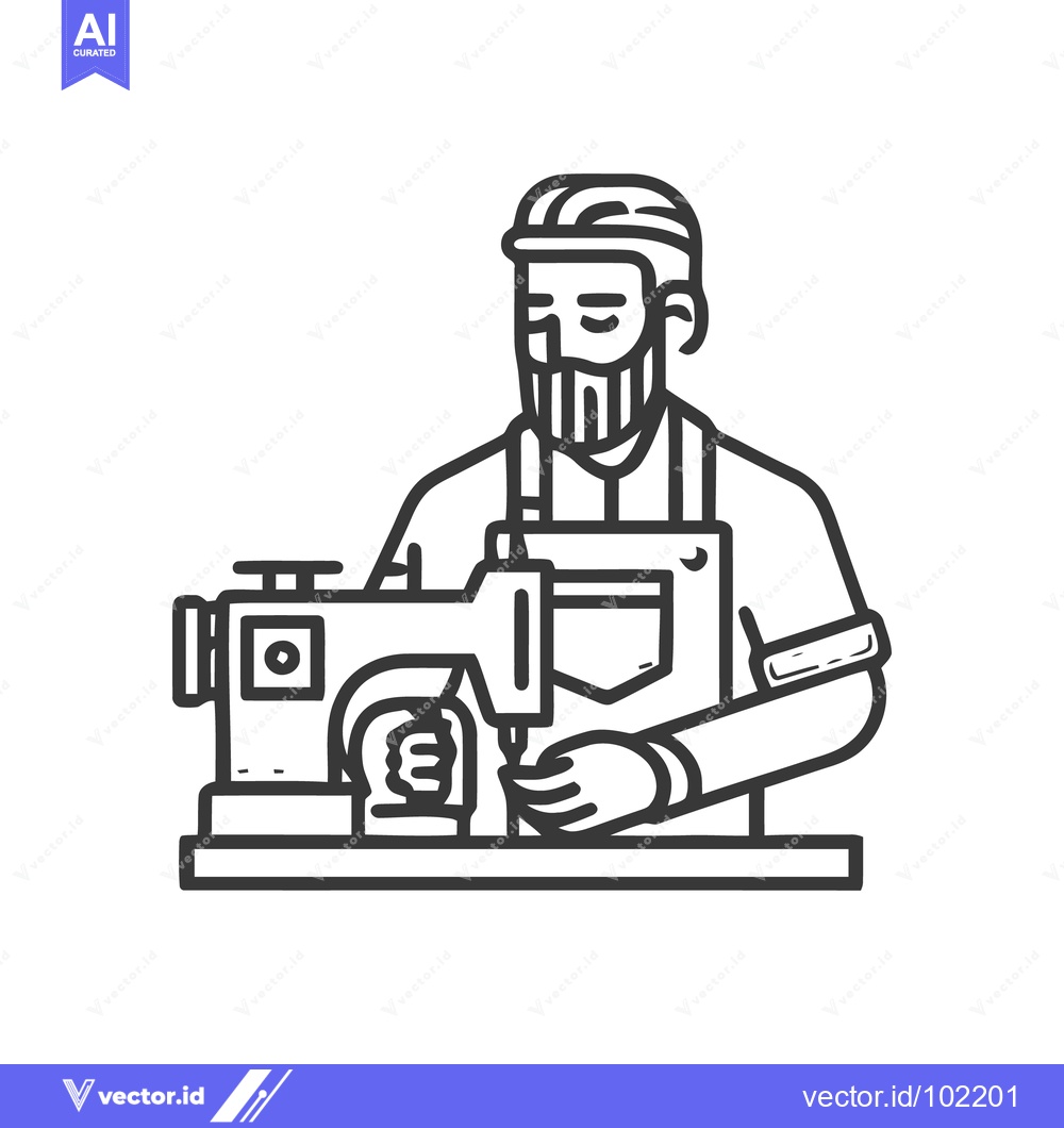 Premium Vector of Focused bearded tailor working at a sewing machine, a minimalist line