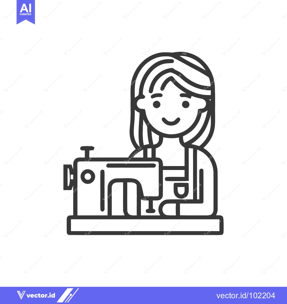 Premium Vector of Smiling Seamstress at Her Sewing Machine, a Minimalist Line Art Icon