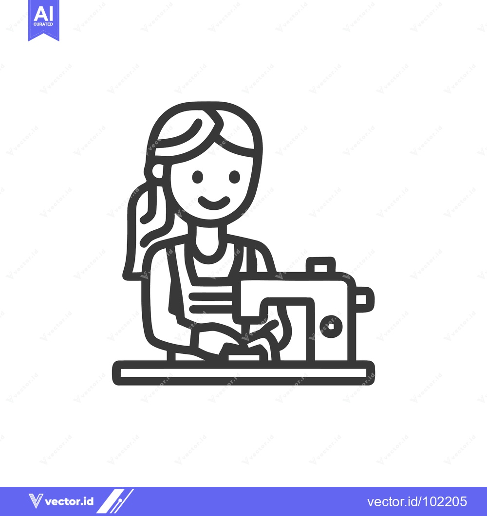 Premium Vector dari Happy Seamstress at Her Sewing Machine, a Minimalist Black Line Art Ic