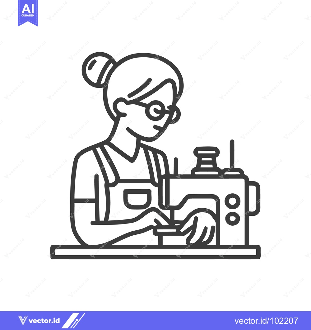 Premium Vector dari Focused Woman with Glasses and Apron Sewing, Minimalist Line Art Icon