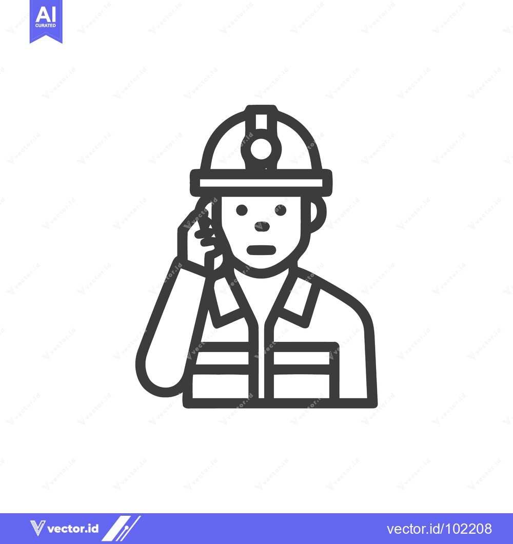 Premium Vector dari Industrial Worker in Hard Hat and Vest on Phone Call, Line Art Icon
