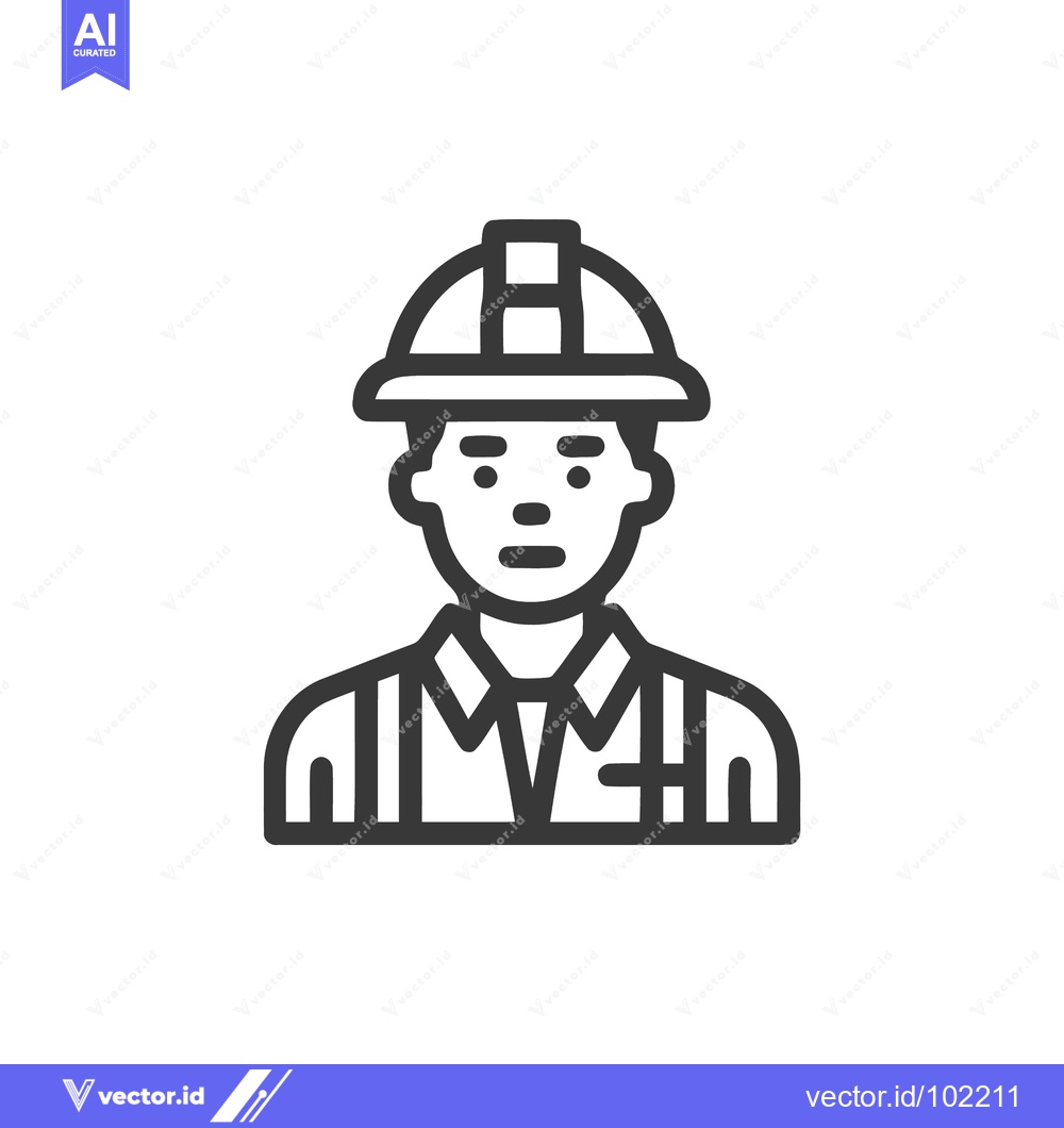 Premium Vector of Modern Line Art Icon of a Construction Worker with Hard Hat and Suspen
