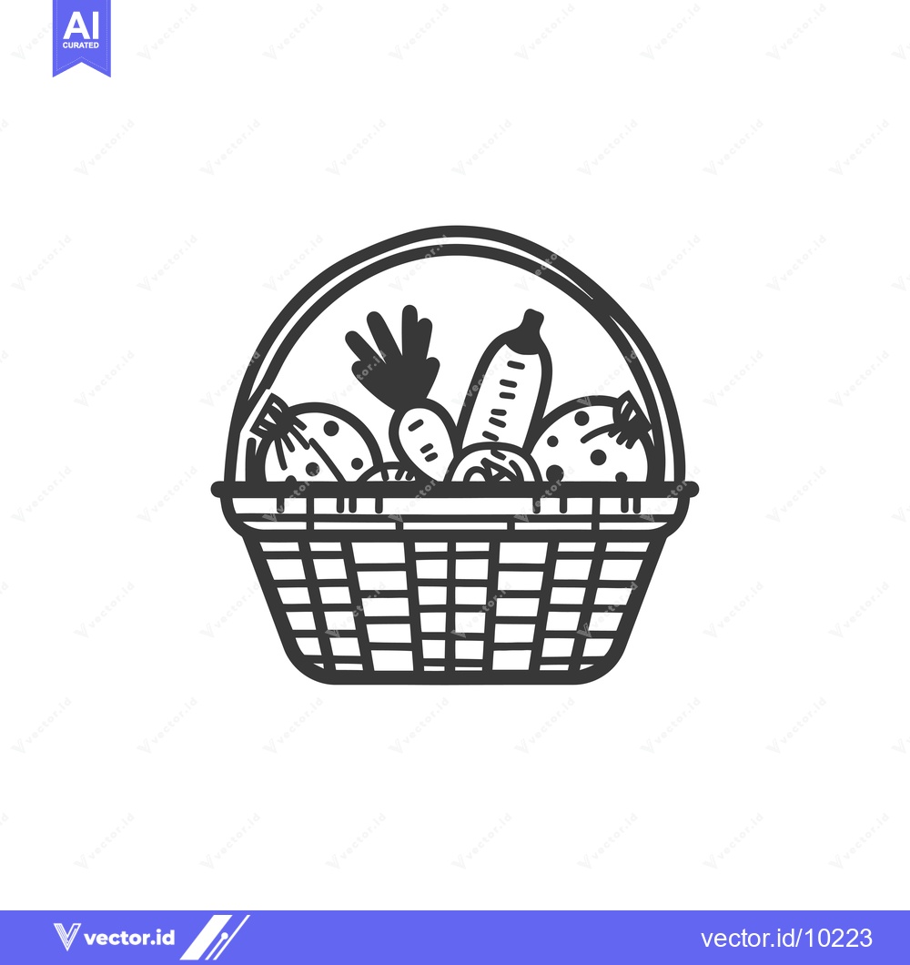 Premium Vector dari A black and white illustration of a basket filled with various fruits