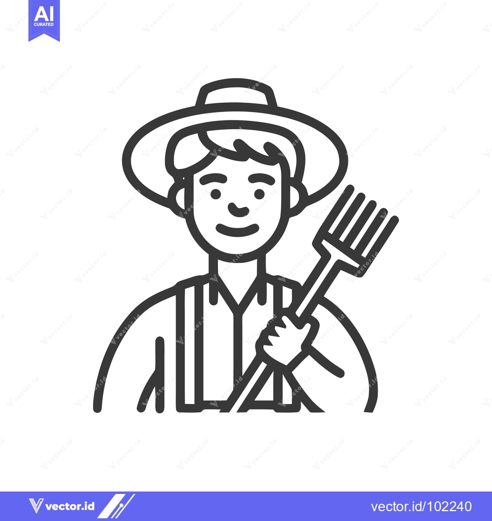 Premium Vector of Smiling Farmer in Hat and Suspenders Holding a Pitchfork Line Icon