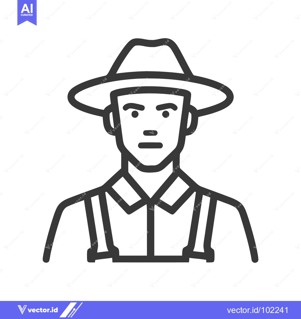 Premium Vector of Stoic Farmer Portrait: Minimalist Line Art Icon with Hat and Overalls
