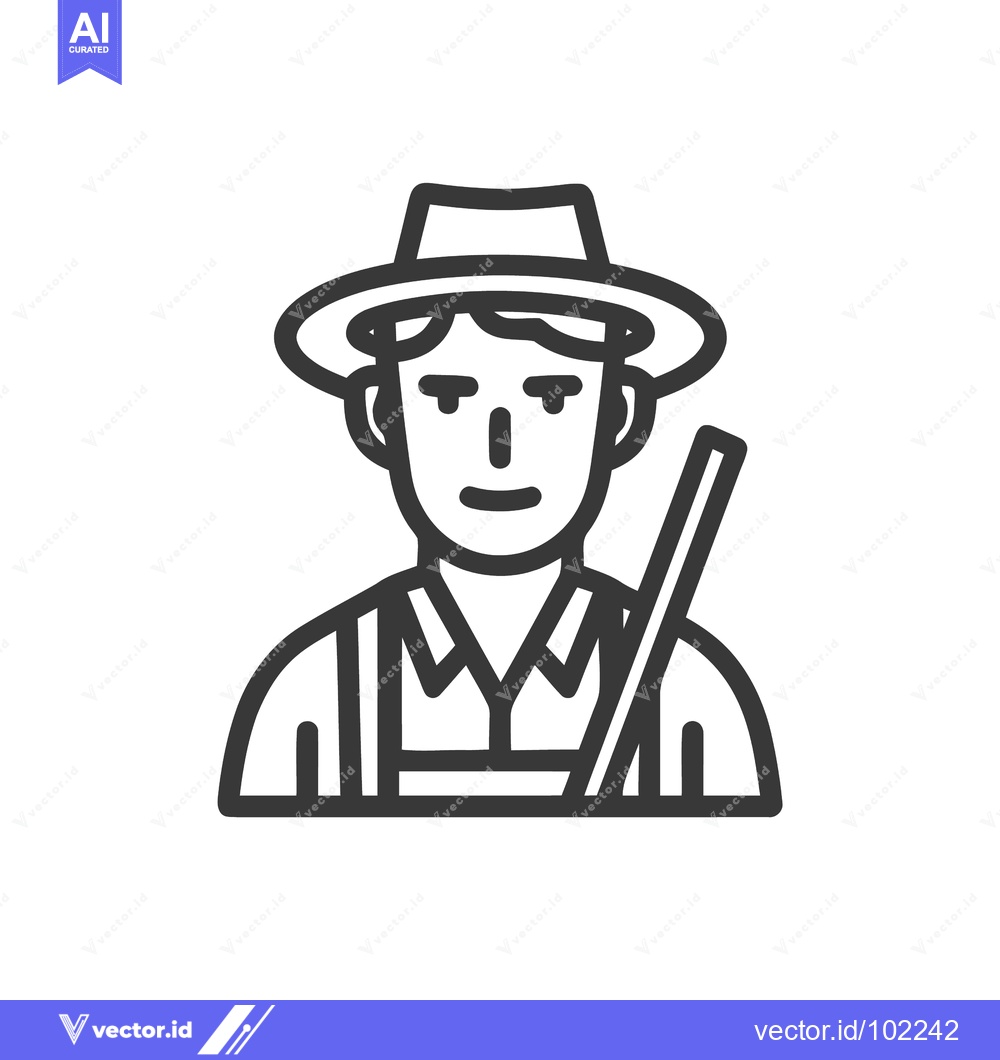 Premium Vector of Stylized Farmer Portrait Icon with Hat and Tool, Minimalist Line Art
