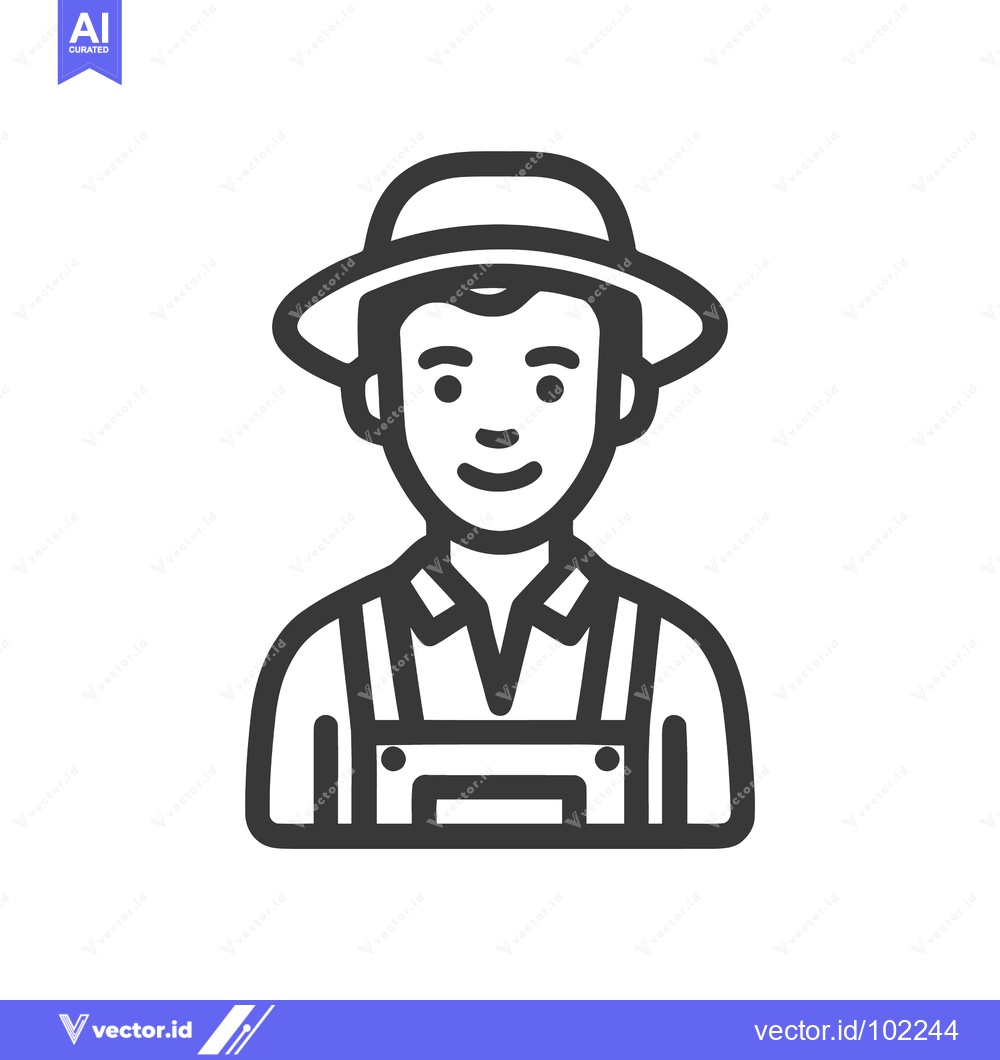 Premium Vector dari Smiling Farmer Portrait Icon with Overalls and Hat, Clean Line Art