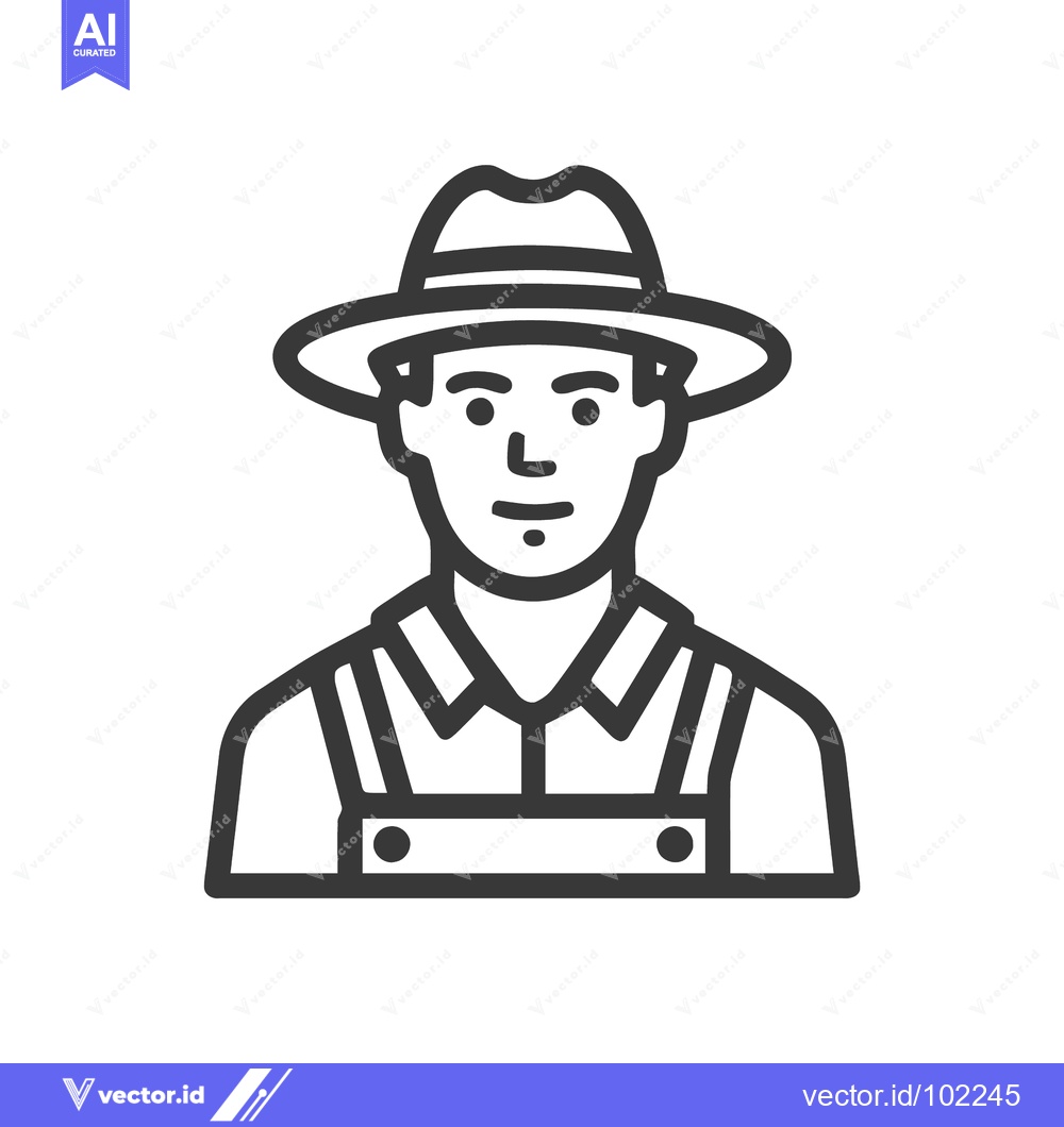 Premium Vector dari Monochrome Line Art Icon of a Farmer in a Fedora and Overalls