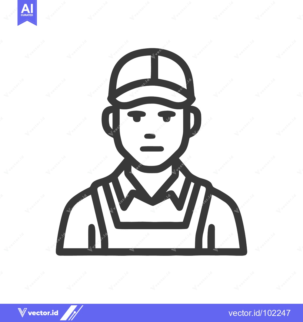 Premium Vector of Bold Line Art Icon of a Male Worker in a Cap and Overalls
