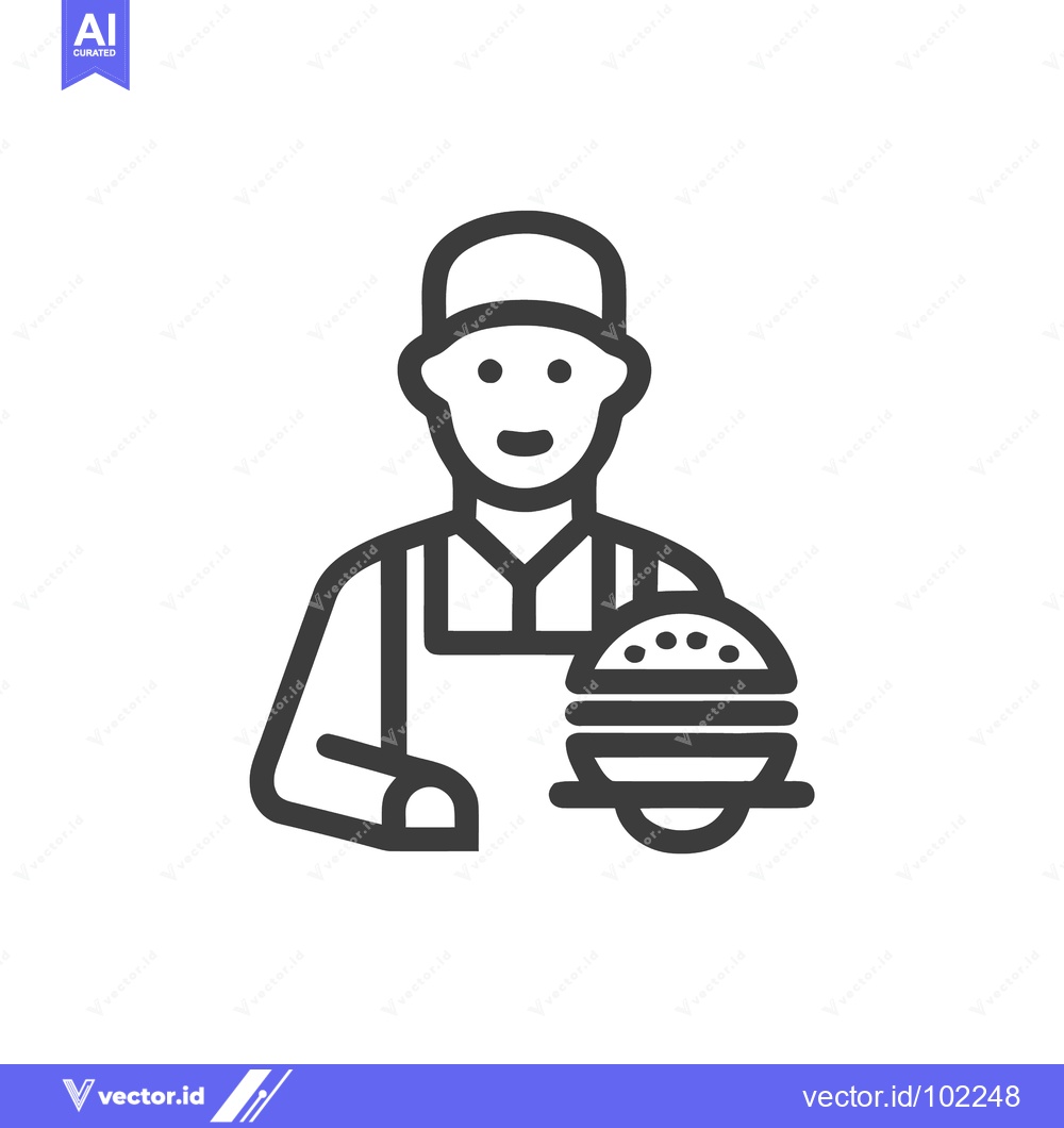 Premium Vector dari Smiling Chef in Apron Presenting a Hamburger, Minimalist Line Art Icon
