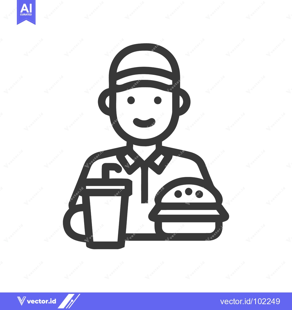 Premium Vector dari Smiling Fast Food Worker with Burger and Soda, Monochrome Line Art Ico
