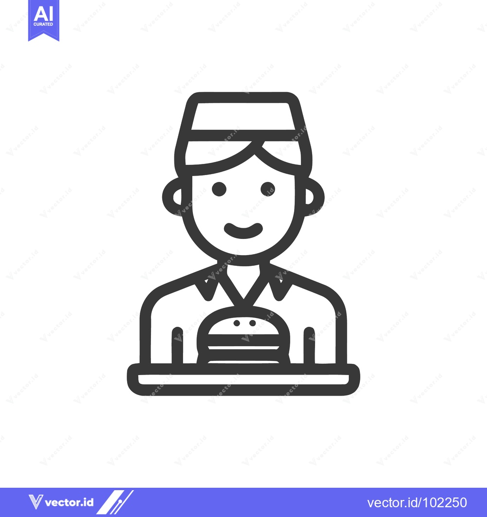 Premium Vector of Smiling Waiter in Uniform Holding a Burger on a Tray, Minimalist Line