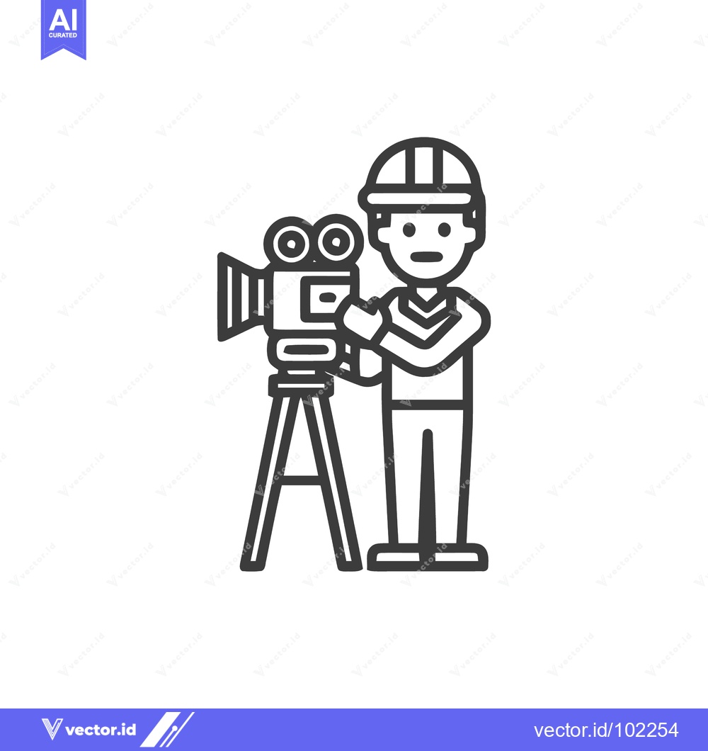 Premium Vector dari Minimalist Line Icon of a Filmmaker in a Hard Hat Operating a Vintage