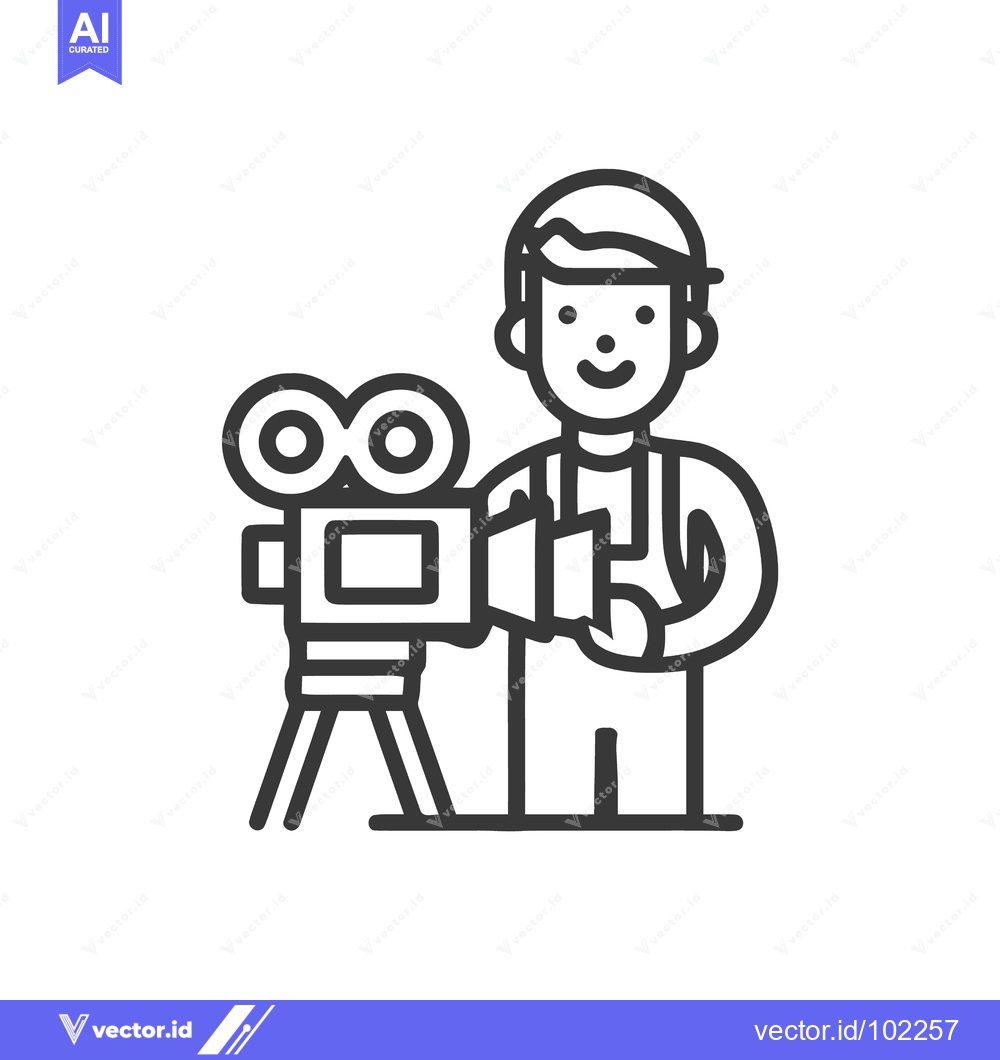 Premium Vector dari Cheerful Cameraman with Tripod Camera and Clapperboard Line Art