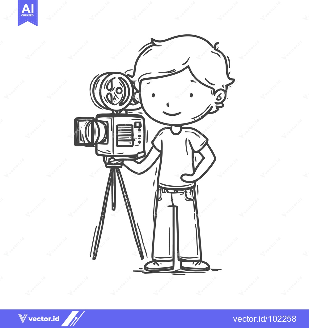 Premium Vector of Charming Hand-Drawn Sketch of a Young Boy Operating a Vintage Movie Ca