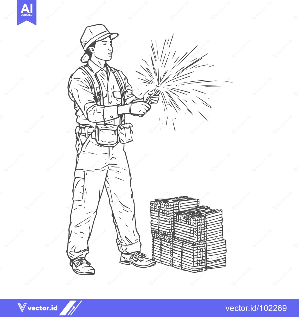 Premium Vector of A Focused Man in a Hat Ignites a Spark Next to Stacks of Paper Bundles