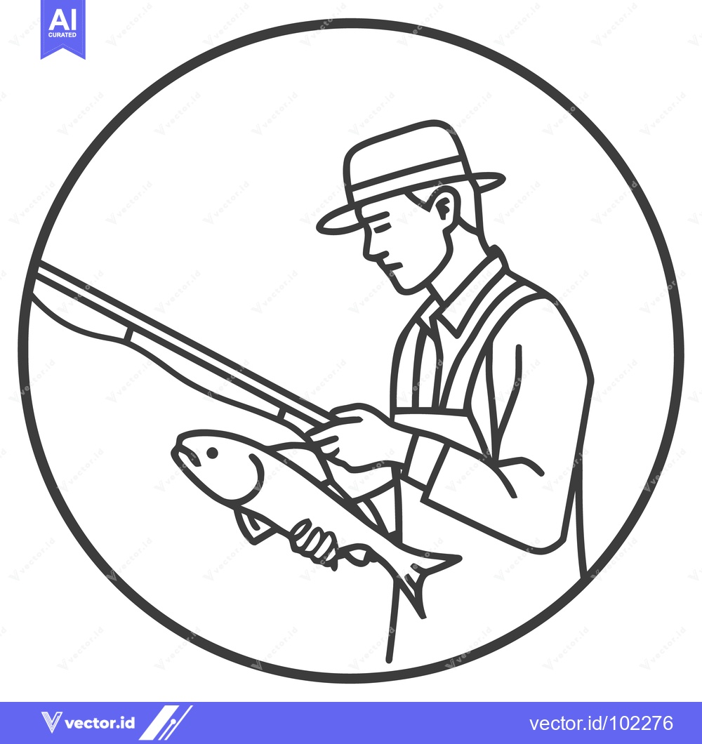 Premium Vector dari Serene Fisherman with Trout Catch in a Clean Line Art Emblem