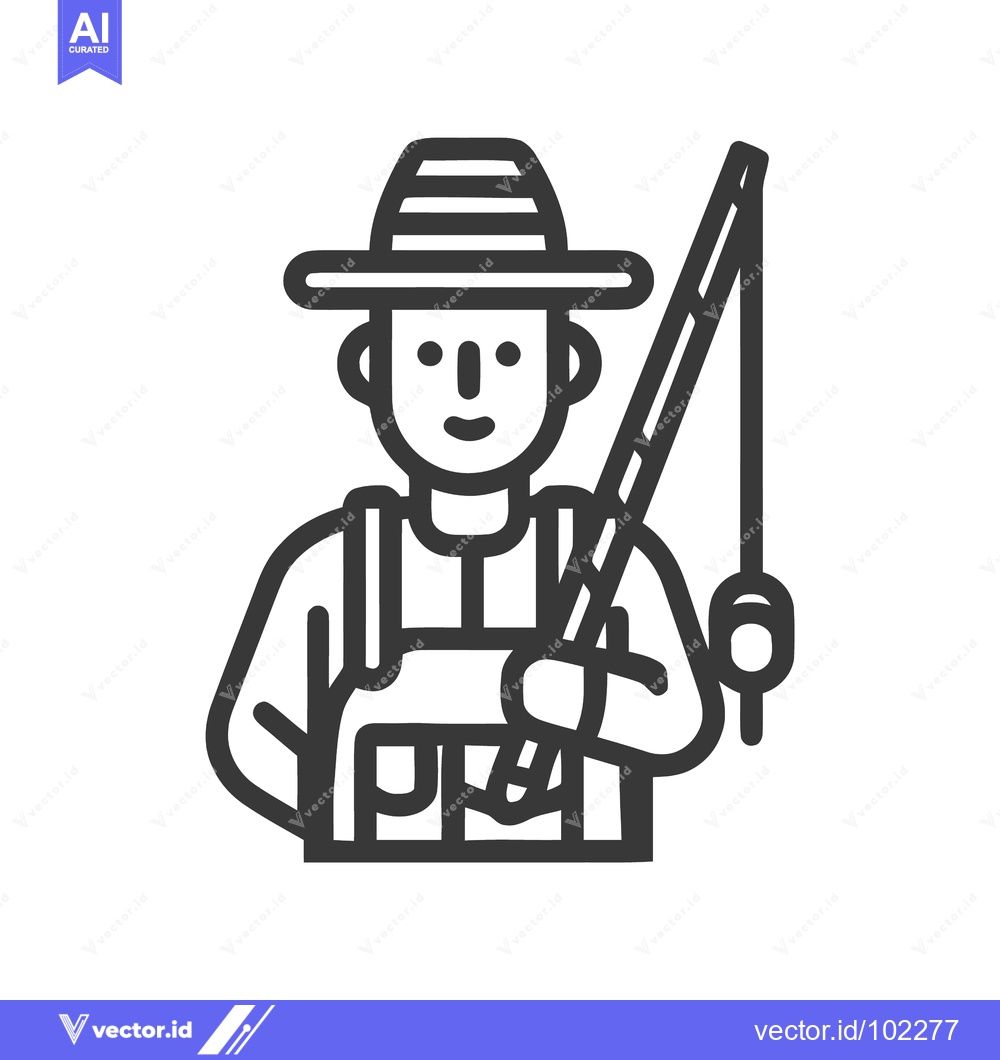 Premium Vector of Friendly Fisherman Character with Rod and Hat, Minimalist Line Art Ico
