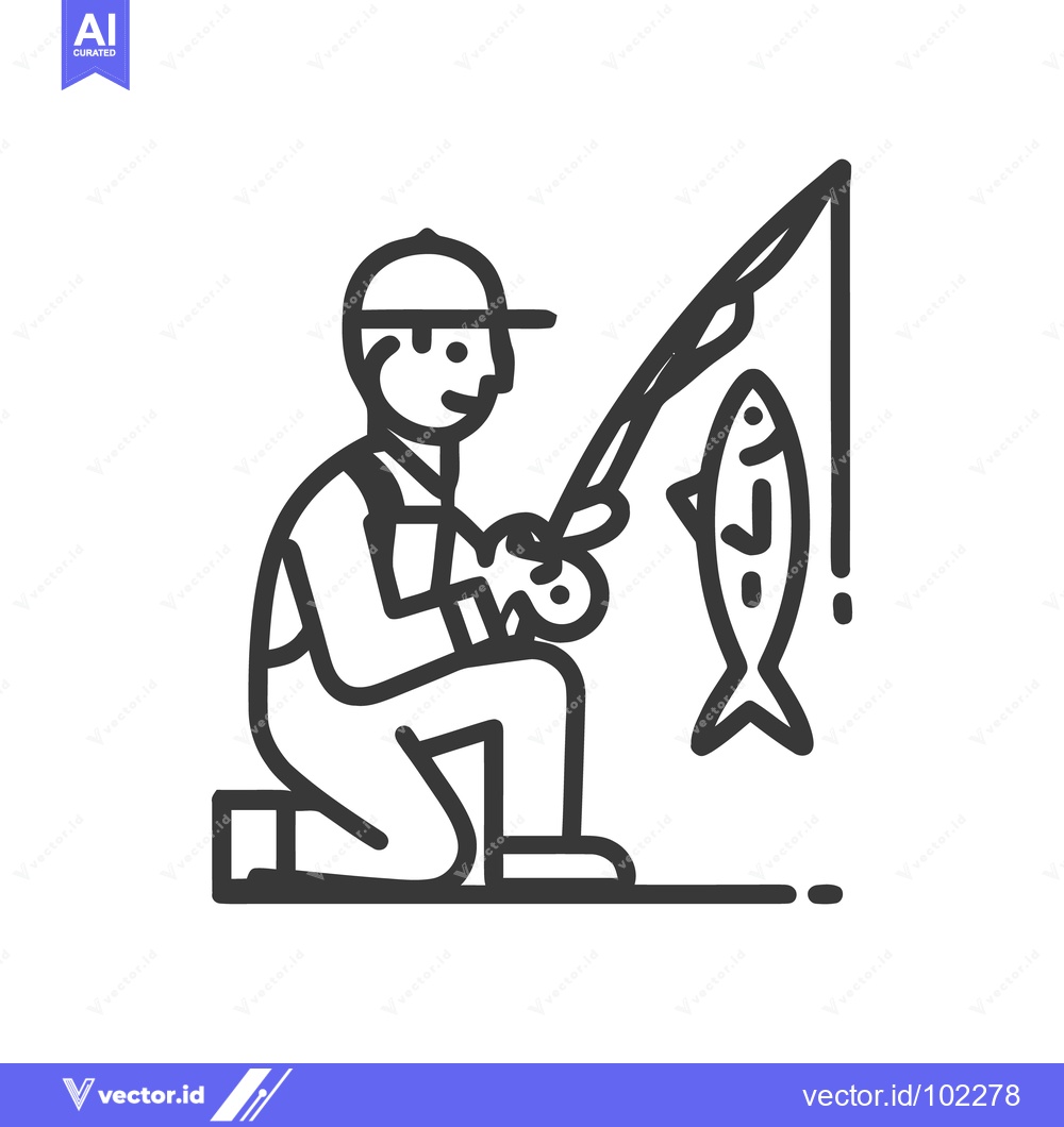 Premium Vector dari Kneeling Fisherman with a Successful Catch, a Minimalist Modern Line A
