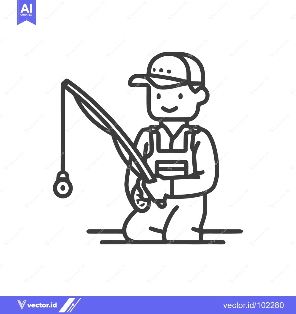 Premium Vector of Smiling Fisherman Kneeling with Rod, Minimalist Line Art Icon