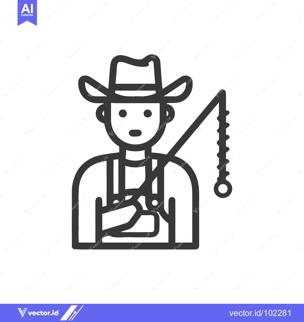 Premium Vector dari Bold Line Art Icon of a Fisherman in a Cowboy Hat Holding a Rod