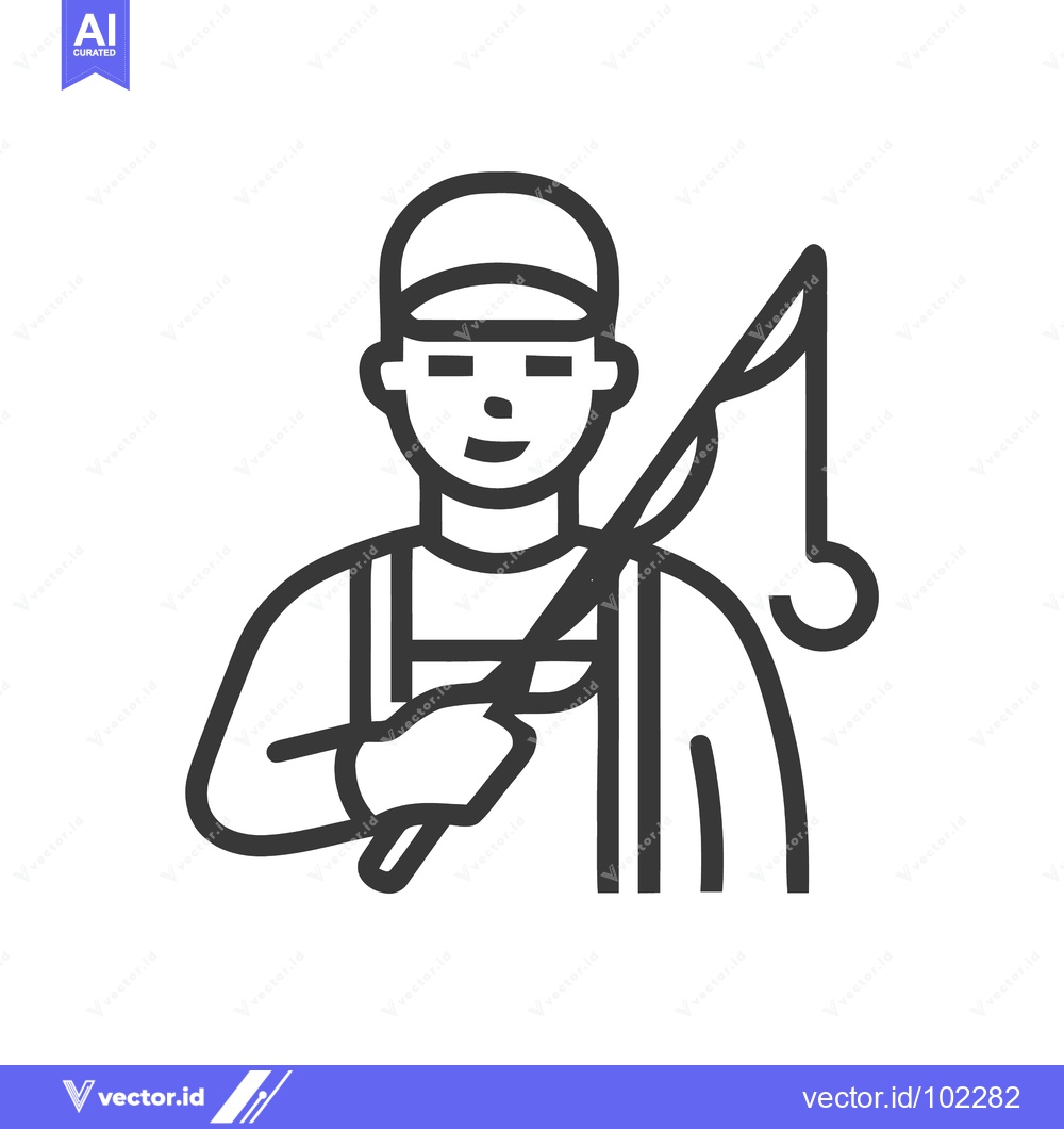 Premium Vector dari Smiling Fisherman with Rod and Cap, Minimalist Line Art Icon
