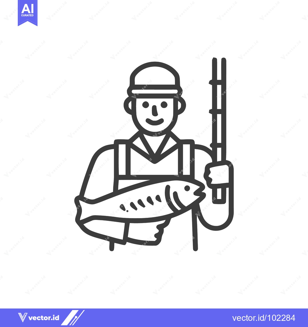 Premium Vector dari Happy Fisherman with Fresh Catch and Rod, Minimalist Line Art Icon