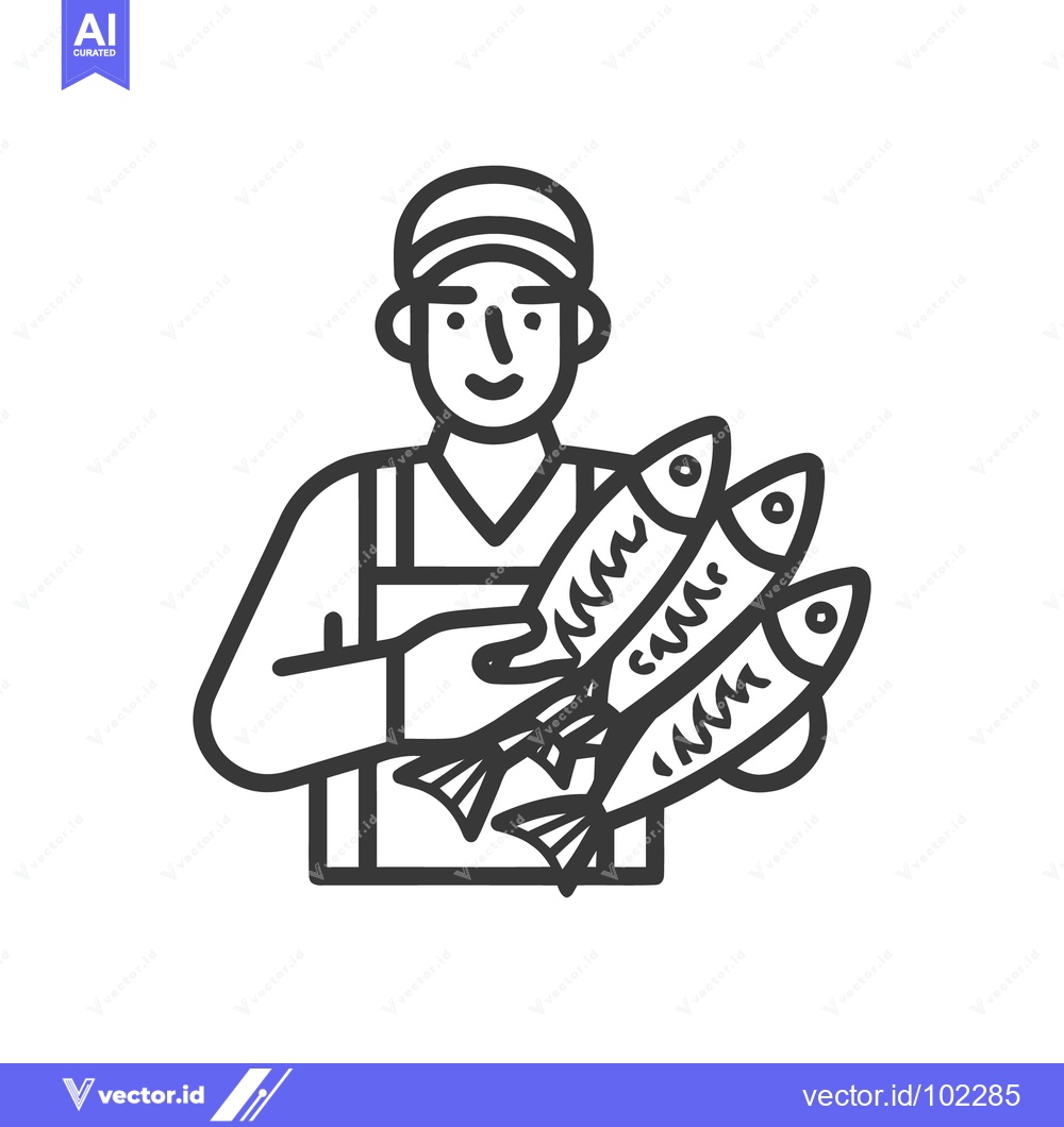 Premium Vector dari Friendly Fishmonger Presenting a Fresh Catch, Minimalist Line Art Icon