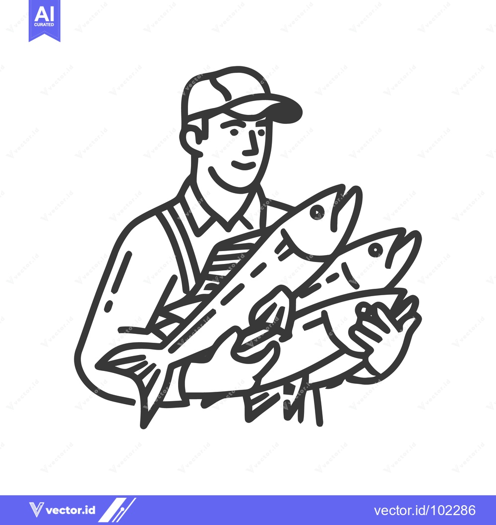 Premium Vector of Smiling Fisherman Proudly Displays Three Fresh Fish in a Clean Line Ar