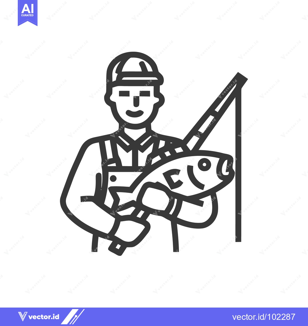 Premium Vector dari Bold Outline Icon of a Smiling Fisherman Holding a Large Fish and Rod