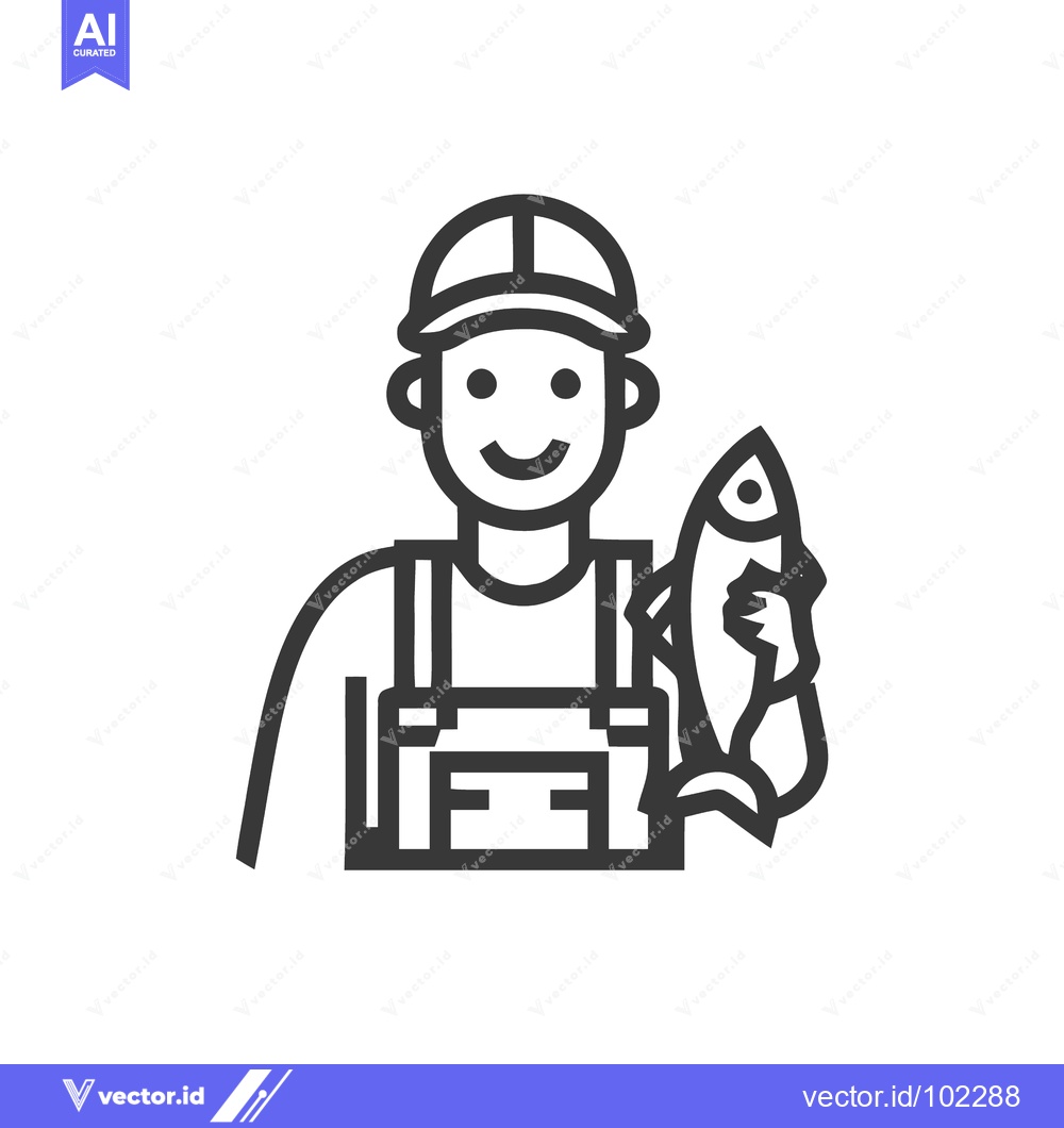 Premium Vector dari Smiling Fisherman in Overalls Proudly Displays His Catch Line Art Icon