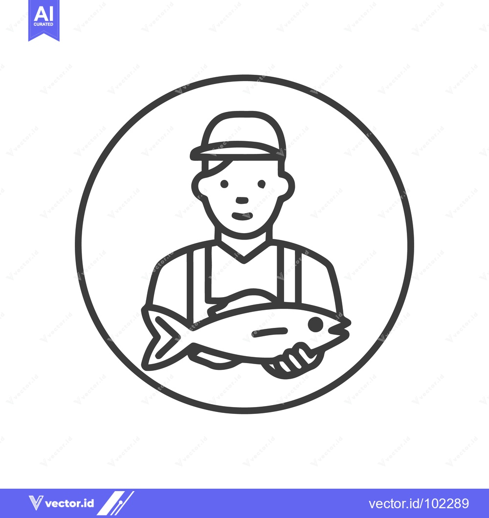Premium Vector of Friendly Fisherman in a Cap Holding a Fish, Circular Vector Icon