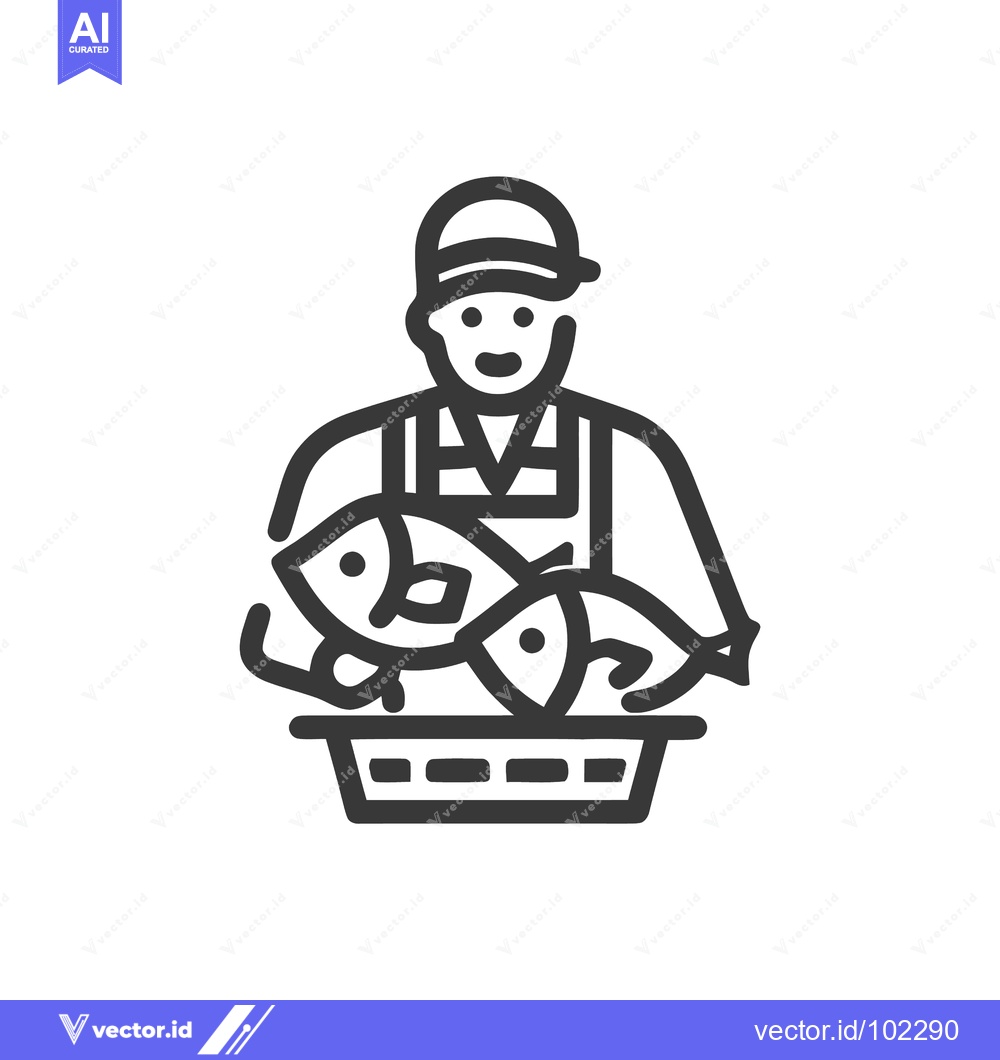Premium Vector of Happy Fishmonger Holding a Crate of Fresh Fish, Minimalist Line Icon
