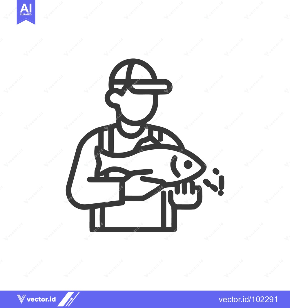 Premium Vector dari Minimalist line icon of a fisherman in a cap and overalls proudly hold