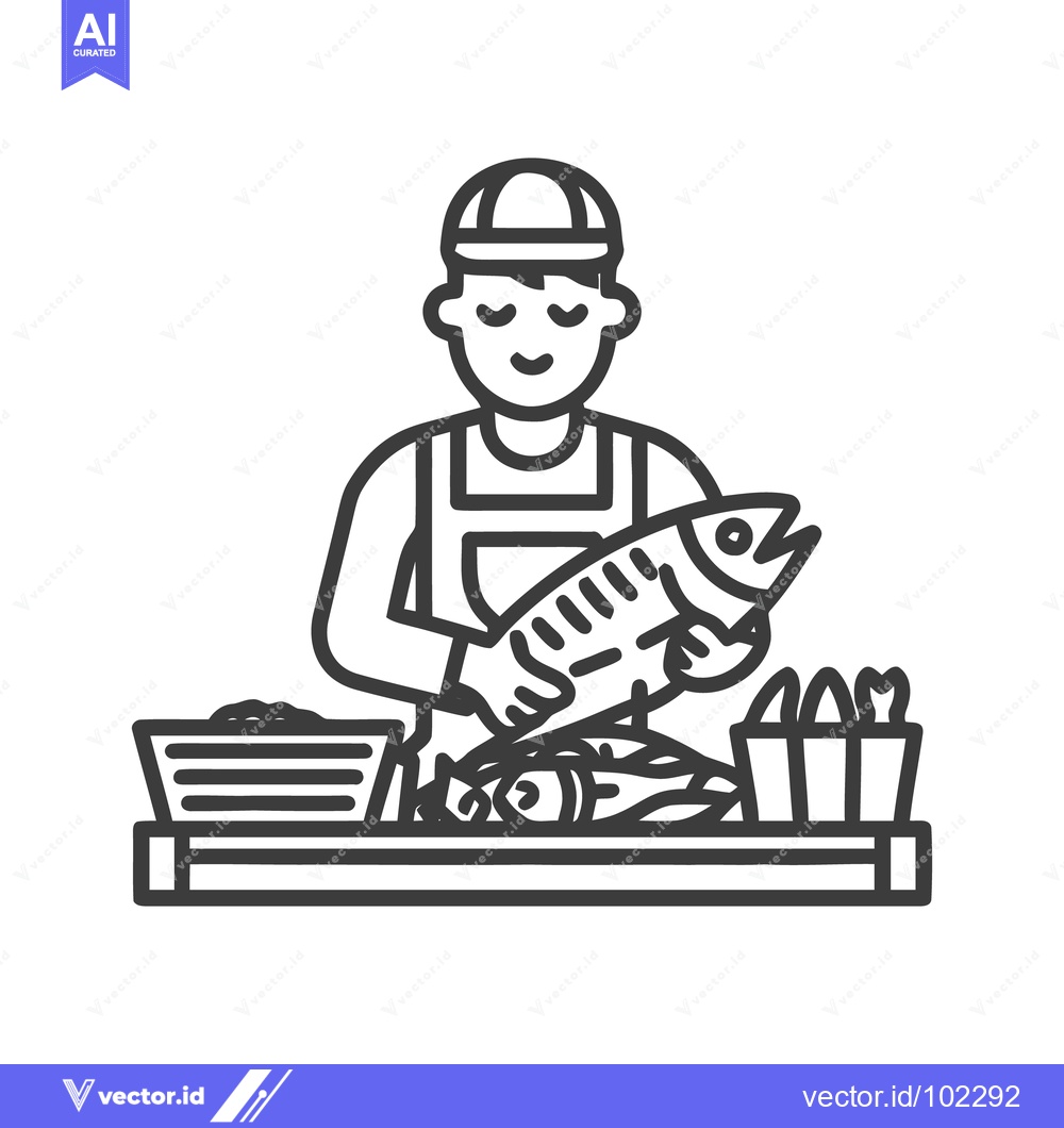 Premium Vector dari Friendly Fishmonger Presenting Fresh Catch at a Seafood Market Stall L
