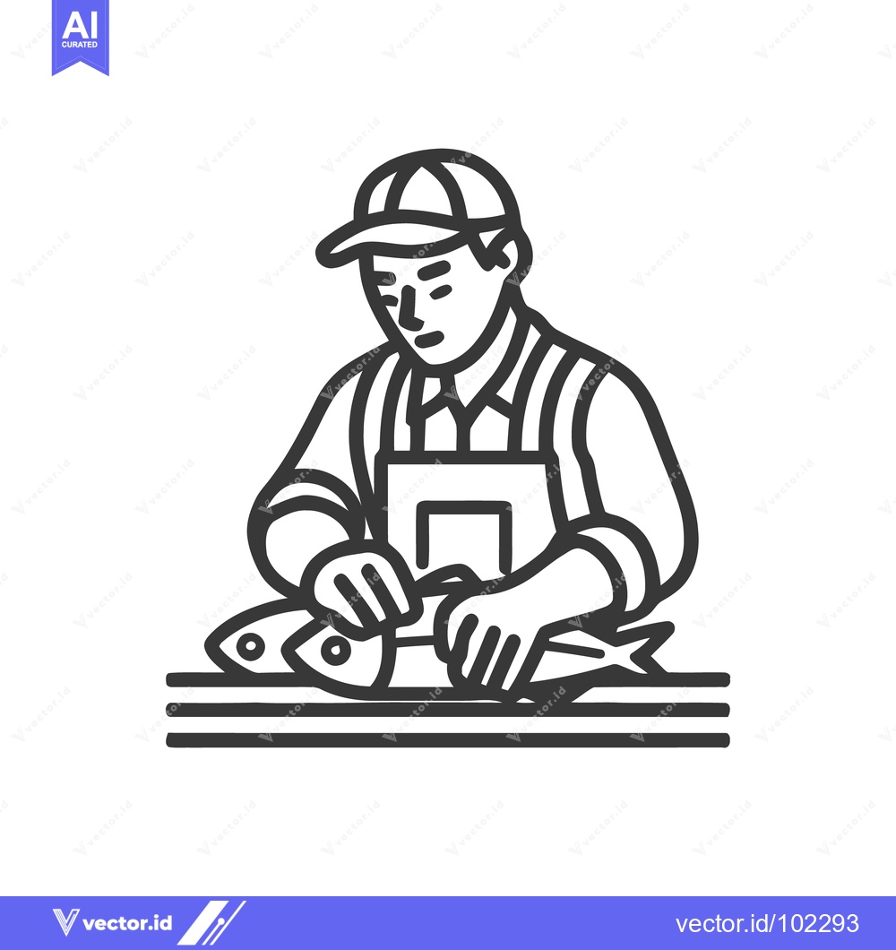 Premium Vector dari Monochrome Line Art Icon of a Fishmonger Skillfully Cleaning Fish