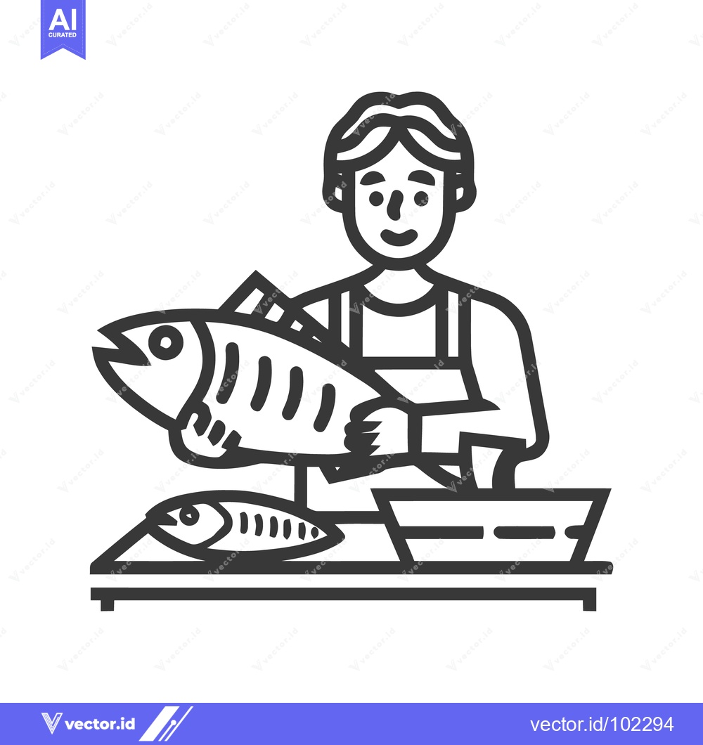 Premium Vector dari Smiling Fishmonger Proudly Presents Fresh Catch, Minimalist Line Art I