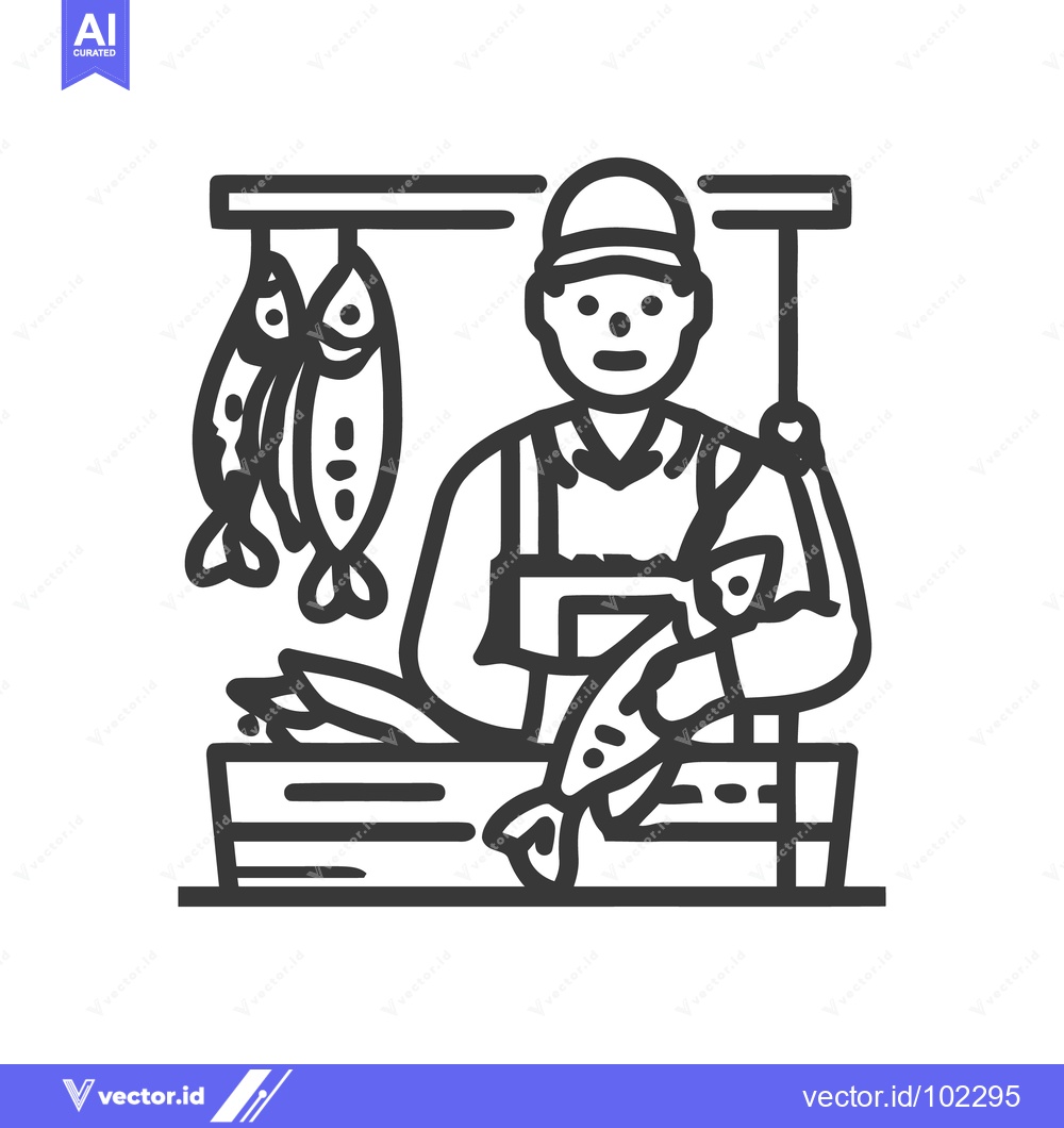 Premium Vector dari Friendly fishmonger at a market stall with hanging fish, a bold monoch