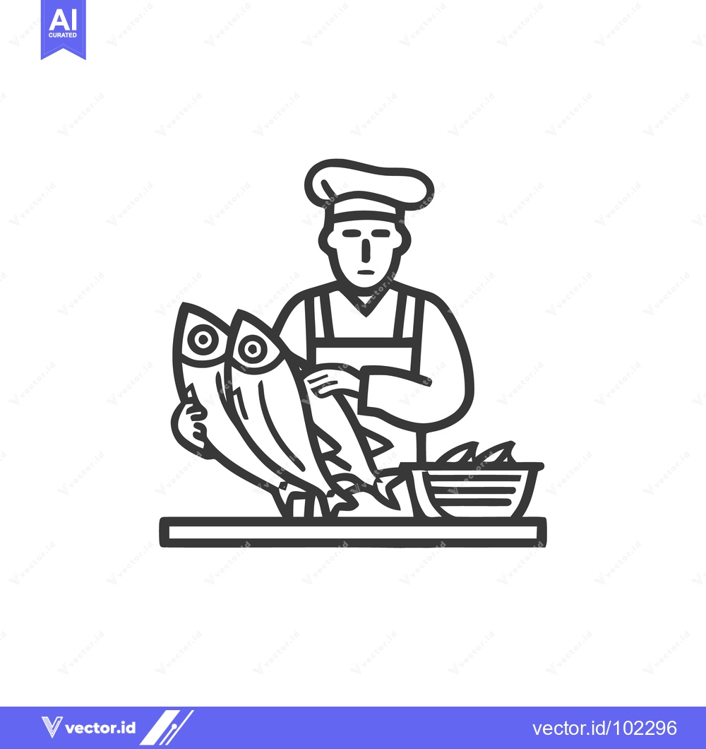 Premium Vector of Stoic Chef Presents Fresh Fish in a Bold, Minimalist Line Art Icon