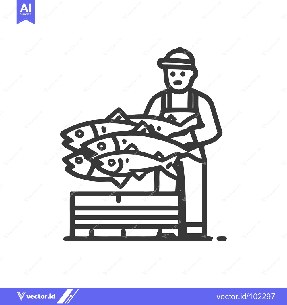 Premium Vector of Minimalist Line Art Icon of a Fisherman with a Bountiful Fish Catch ov