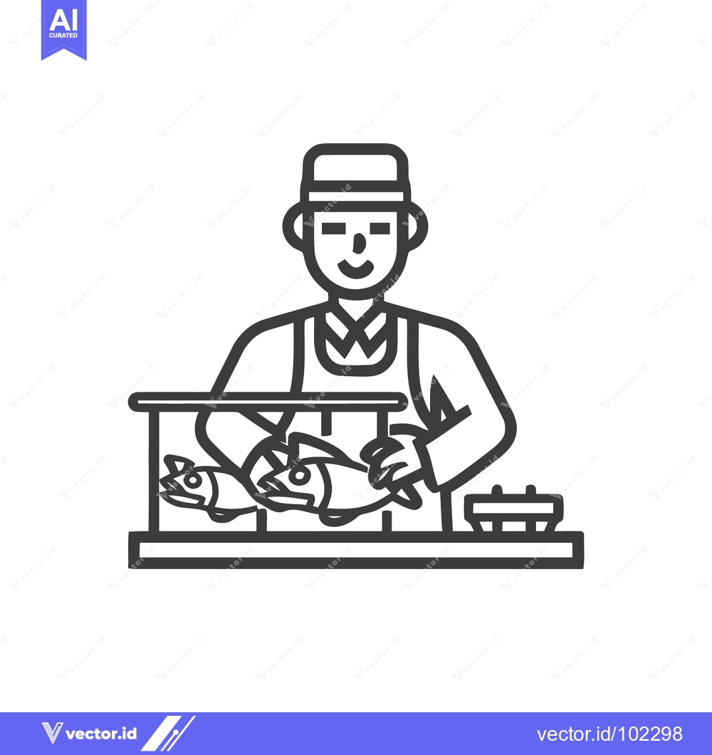Premium Vector dari Professional fishmonger at a seafood counter, a clean and simple line