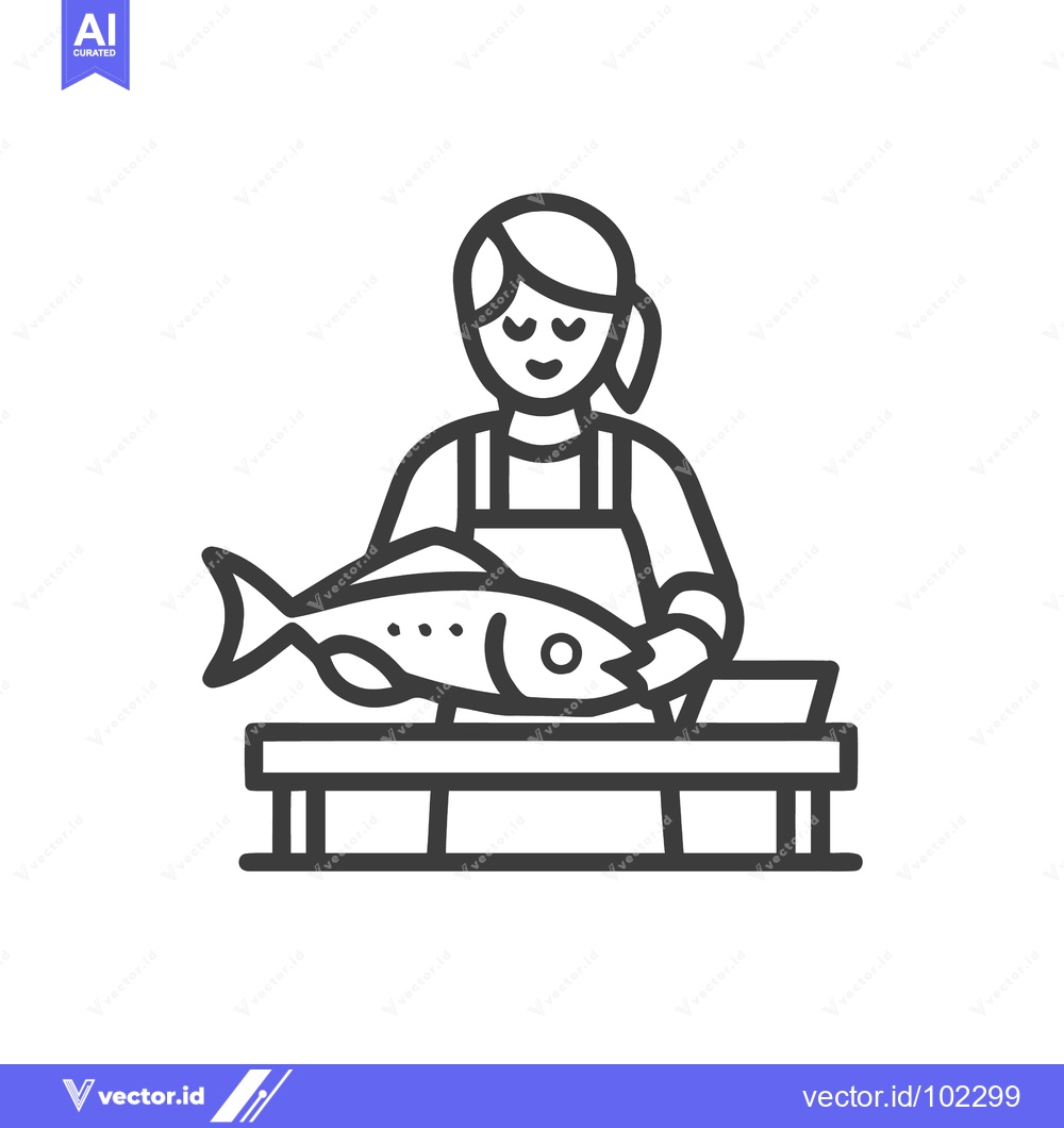 Premium Vector dari Smiling fishmonger preparing a large fish, a clean and simple line art