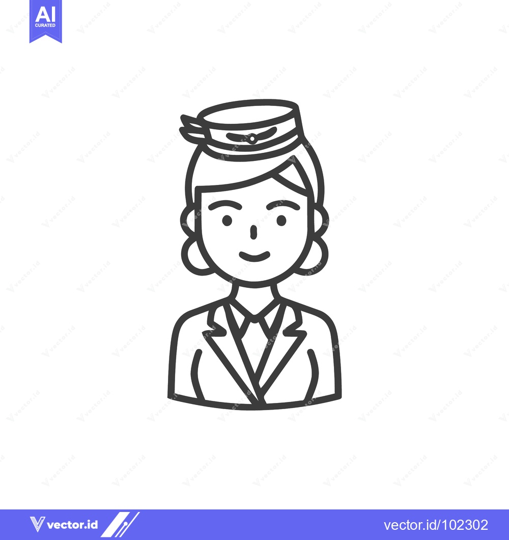 Premium Vector of Smiling Stewardess in Uniform, Professional Aviation Line Art Icon